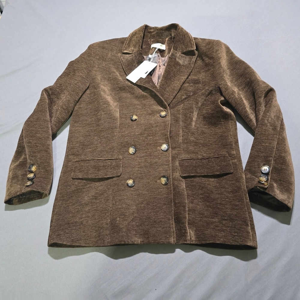Commense Blazer Women Small Brown Double Breasted Corduroy Texture Preppy